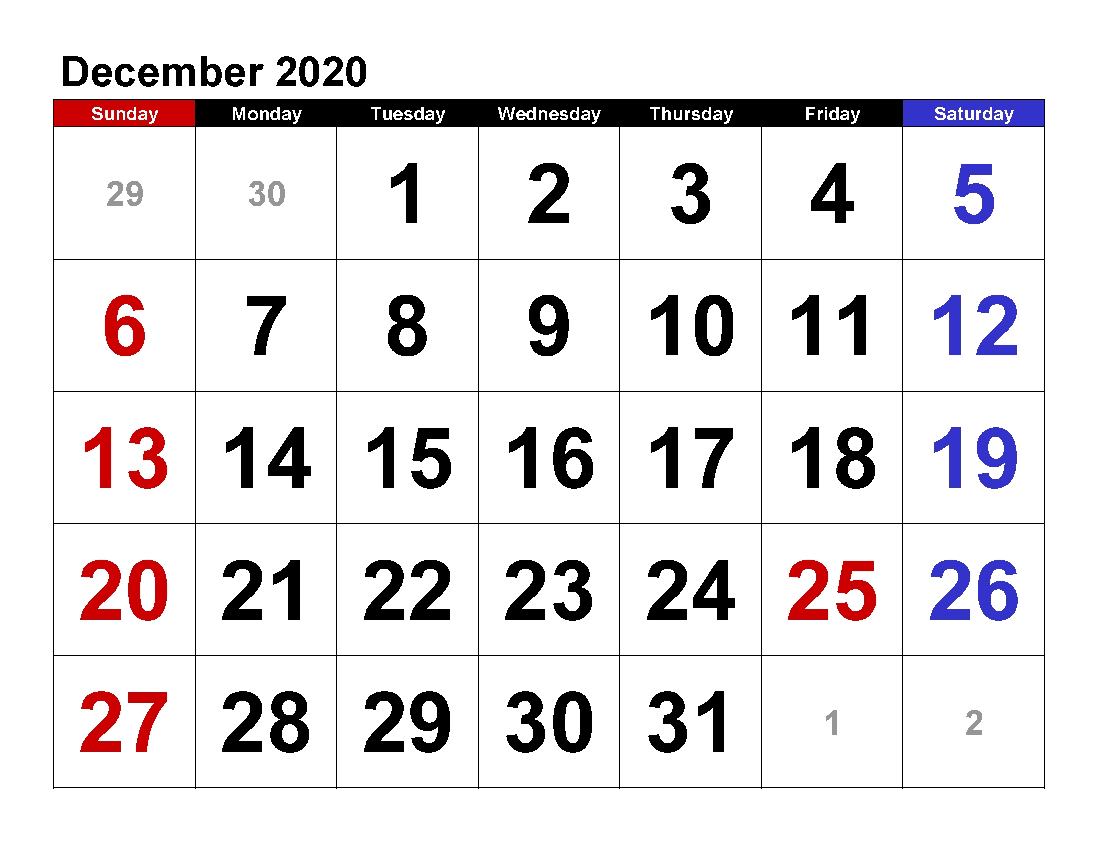 Printable Calendar Template December 2020 Calendar Large-Where Do They Have Calendars With Large Numbers