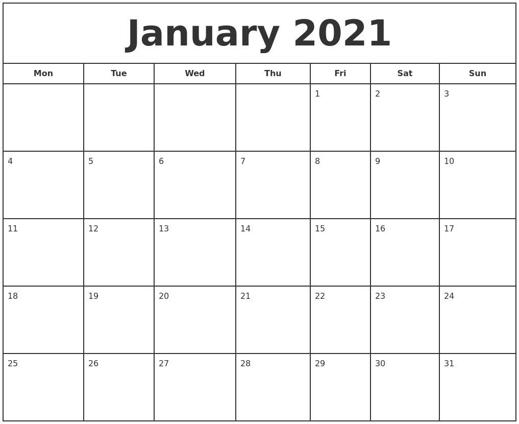 Printable January 2021 Calendar Pdf | Print Calendar-8X11 Landscape Printable Monthly Calendar 2021