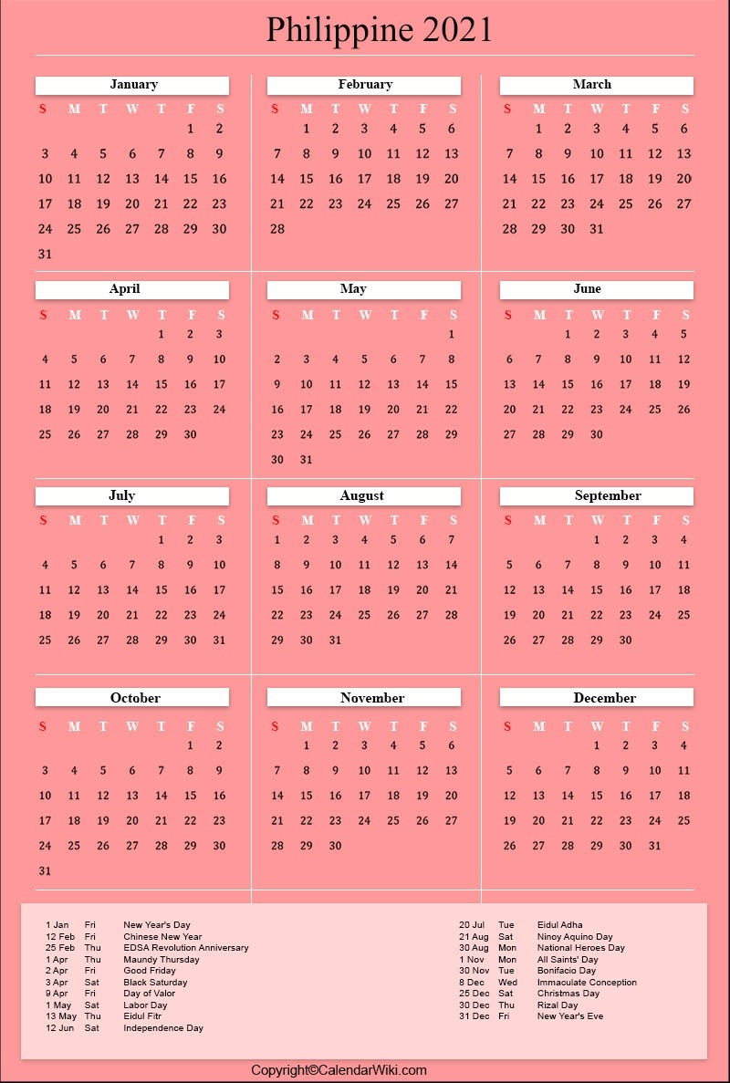 Printable Philippines Calendar 2021 With Holidays [Public-Print Philippine 2021 Calendars With Holiday
