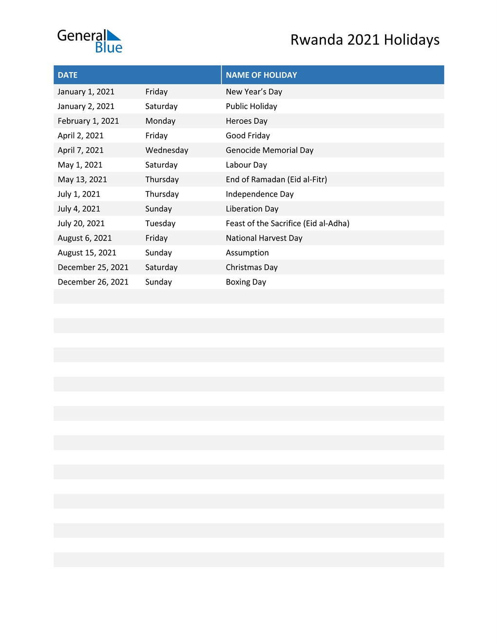 Rwanda Holidays 2021 In Pdf, Word And Excel-2021 Calendar With Holidays Listed