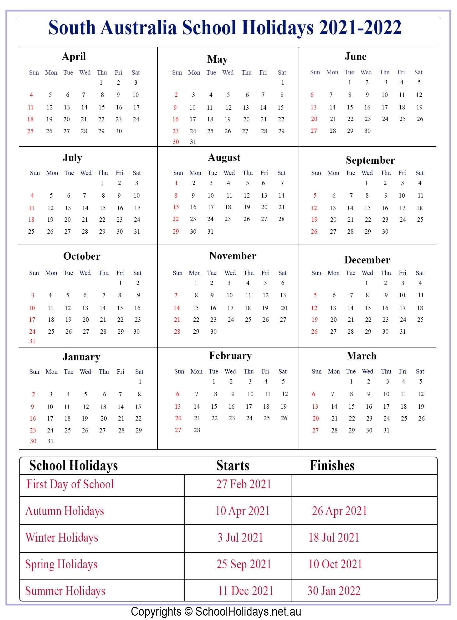 Sa *School Holidays* 2021 [South Australia ]❤️-2021 Calendar With Holidays Sa