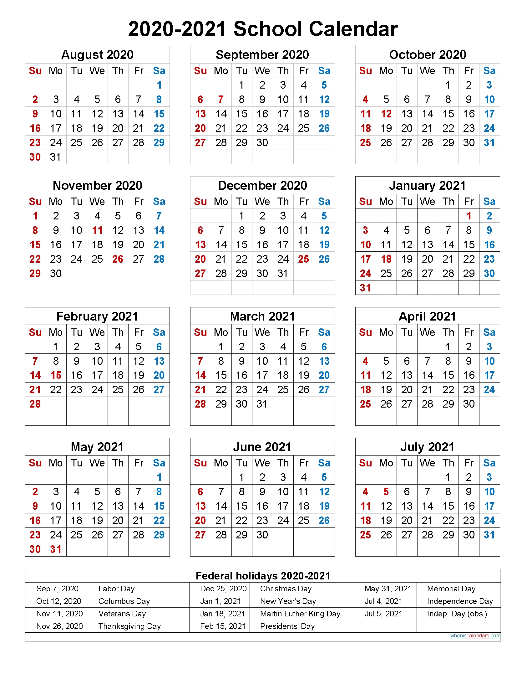 School Calendar 2020 And 2021 Printable (Portrait)- Template-Free Printable 2021 School Year At A Glance Calendar