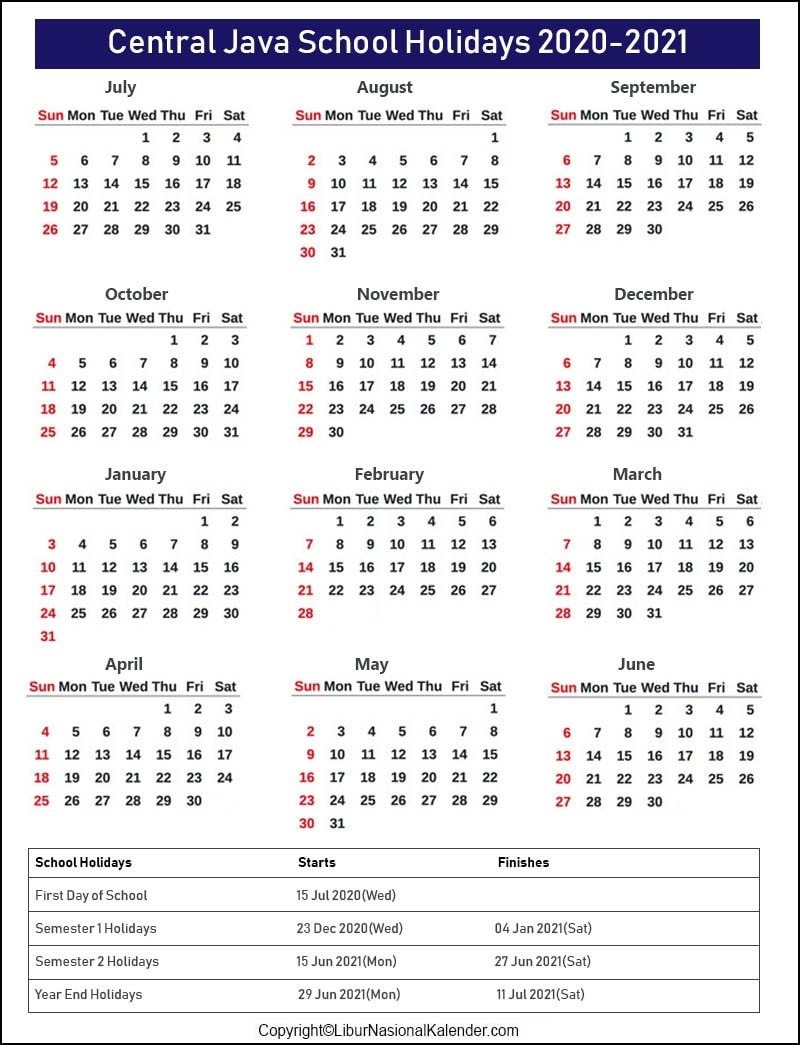 School Holidays Central Java 2020-2021 [Academic Calendar-2021 School Holiday Calender