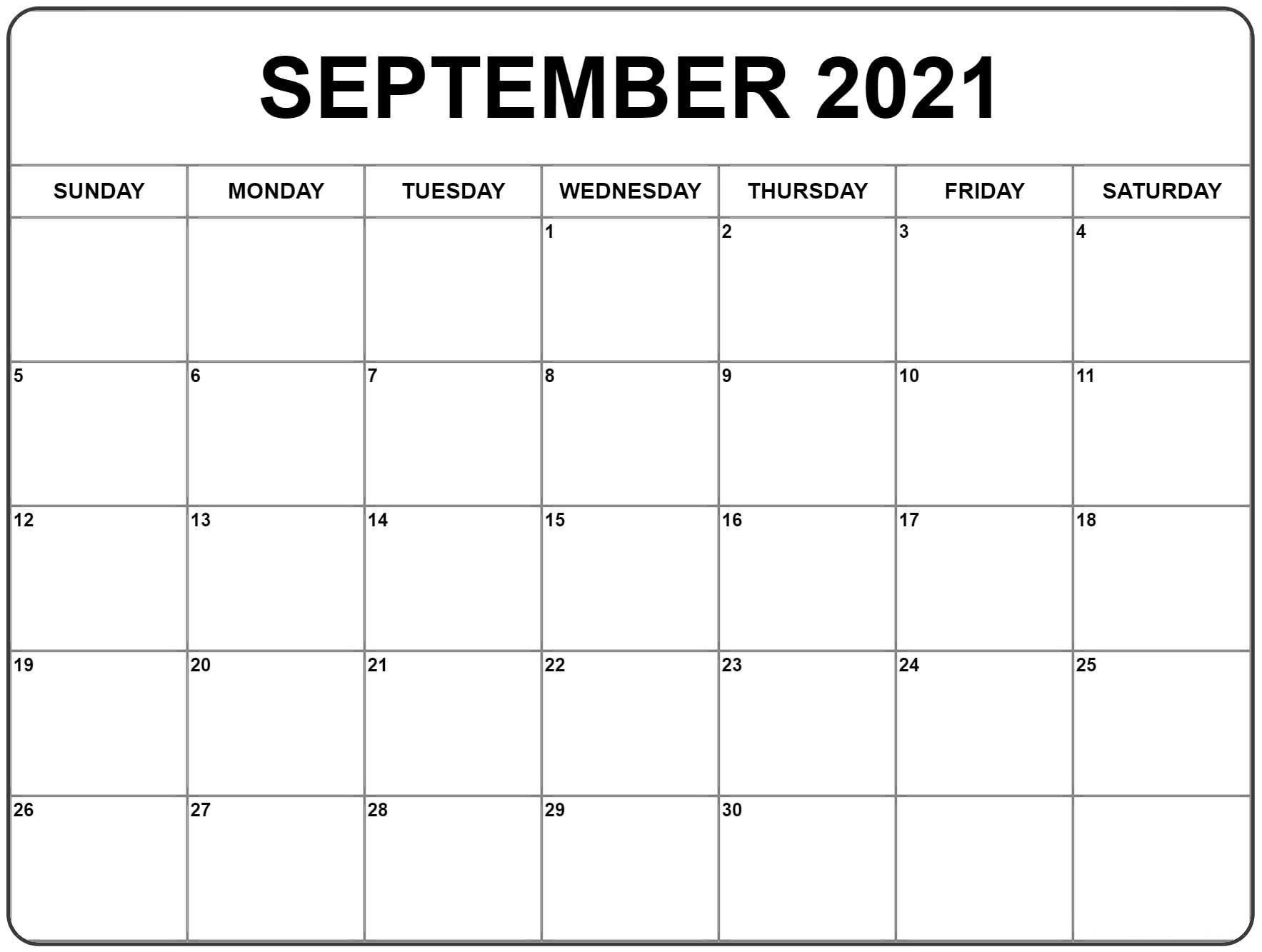 September 2021 Calendar | Blank Monthly Calendar Template-Fill In 2021 Calendar Pages Blank