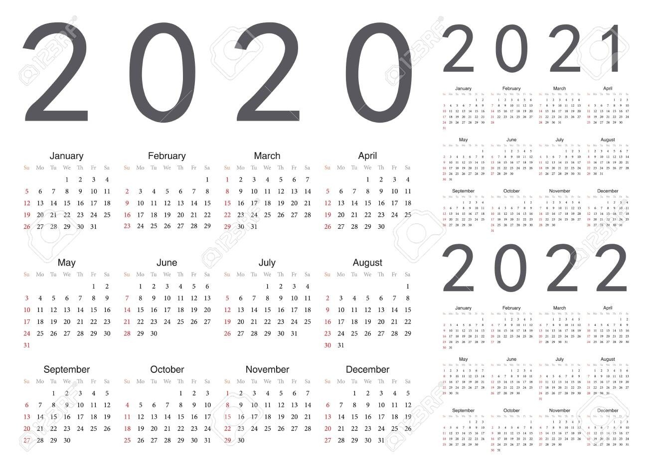 Set Of European 2020, 2021, 2022 Year Vector Calendars. Week..-European Calendar 2021