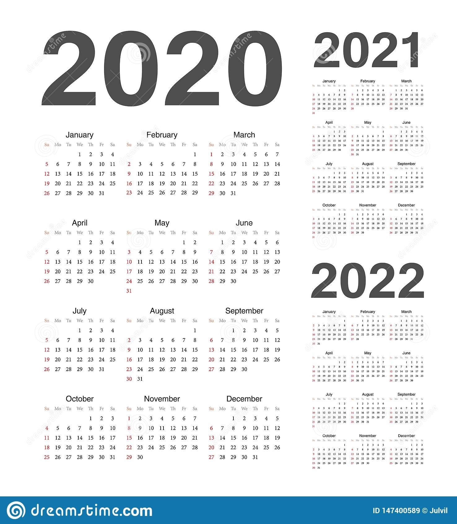 Simple European 2020, 2021, 2022 Year Vector Calendars Stock-European Calendar 2021