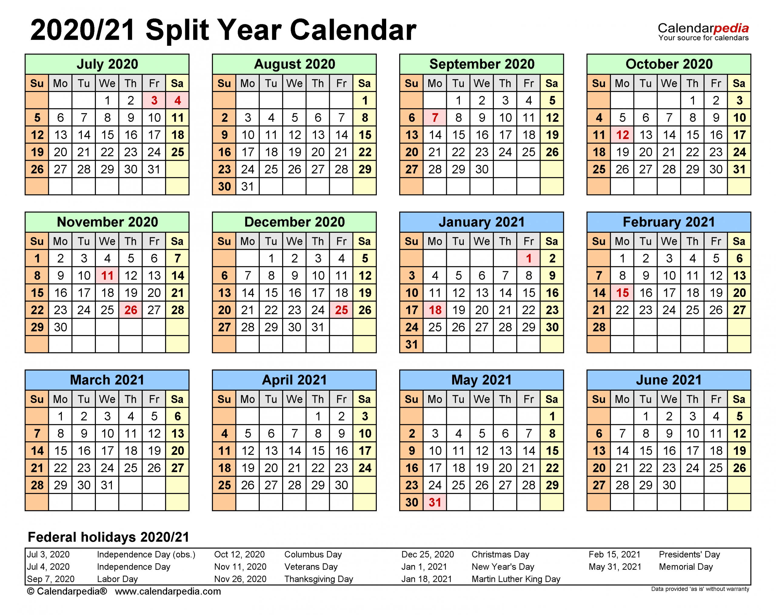 Split Year Calendars 2020/2021 (July To June) - Word Templates-Edit October 2021 Ms Word