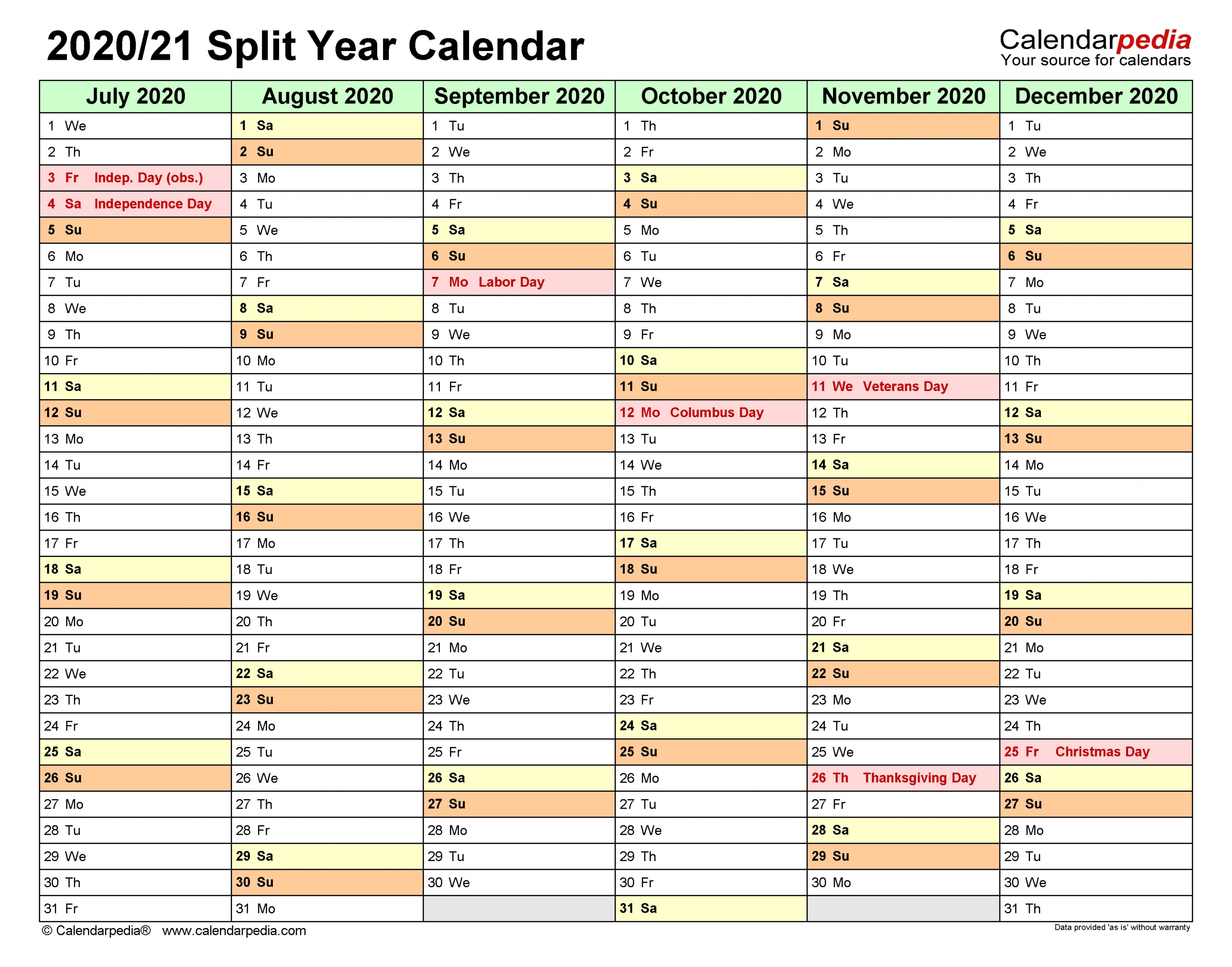 Split Year Calendars 2020/2021 (July To June) - Word Templates-July 2021 To December 2021 6 Month Planner