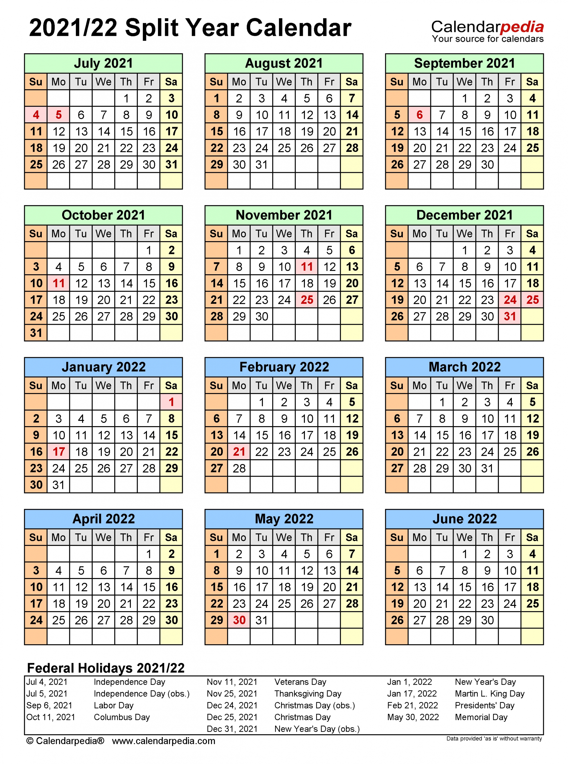 Split Year Calendars 2021/2022 (July To June) - Excel Templates-July 2021 To December 2021 6 Month Planner