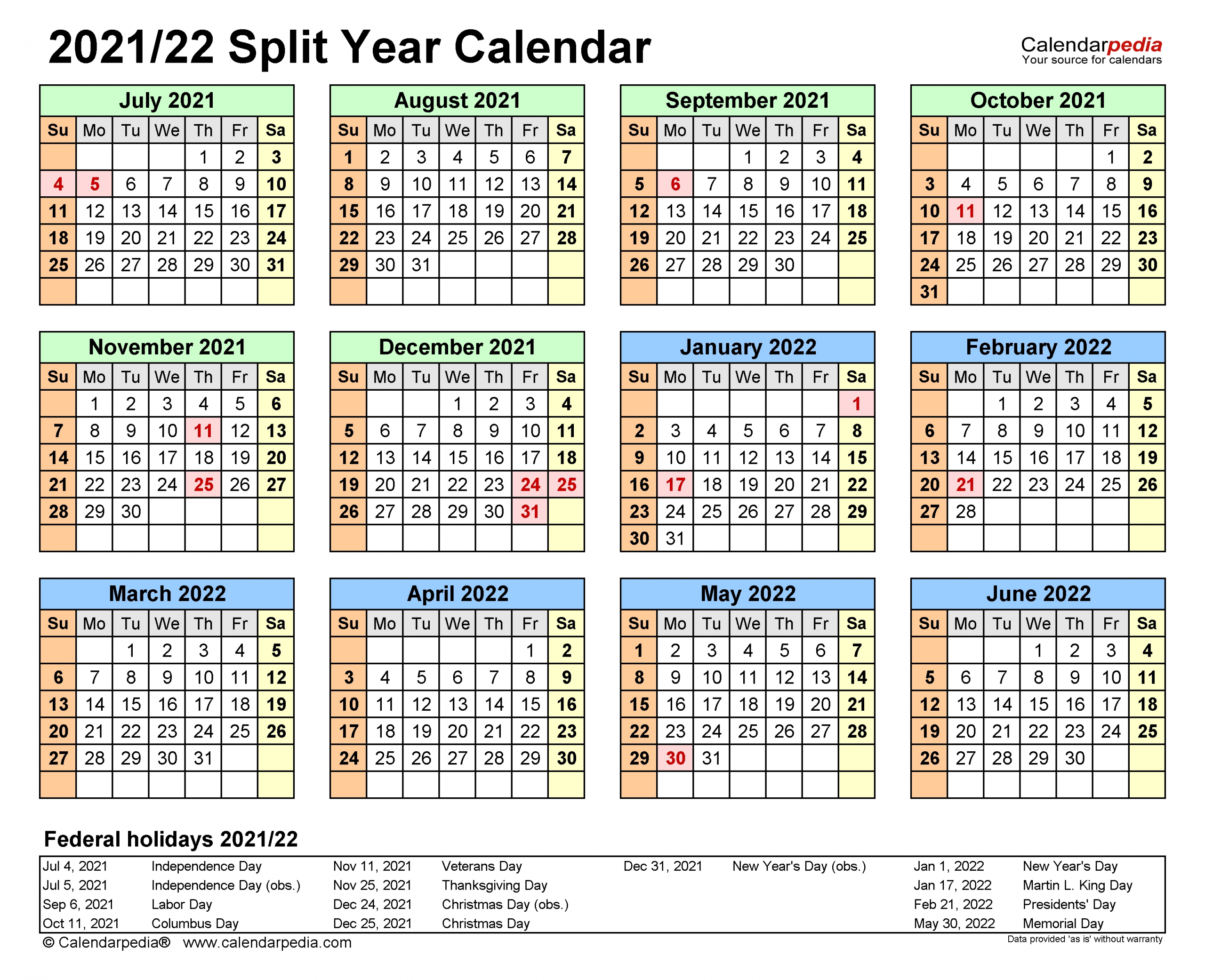 Split Year Calendars 2021/2022 (July To June) - Excel Templates-July 2021 To December 2021 6 Month Planner