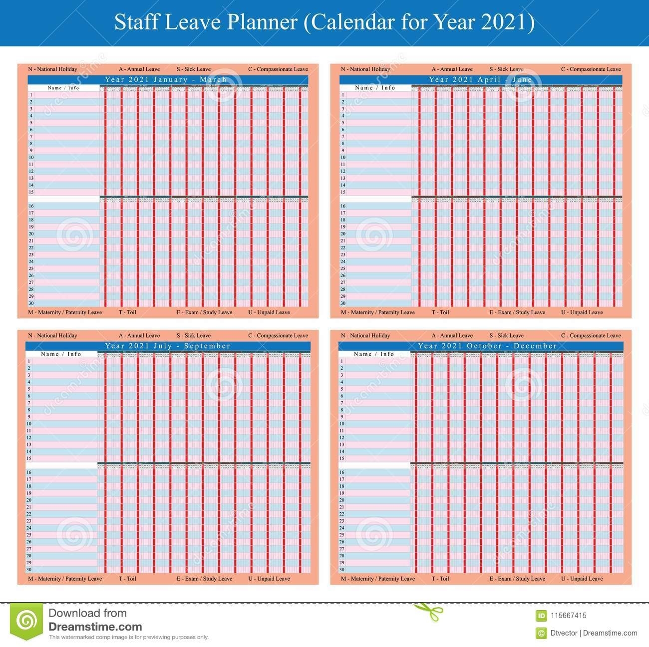 Staff Holiday Planner 2021 Stock Vector. Illustration Of-2021 Calendar For Staff Vacation