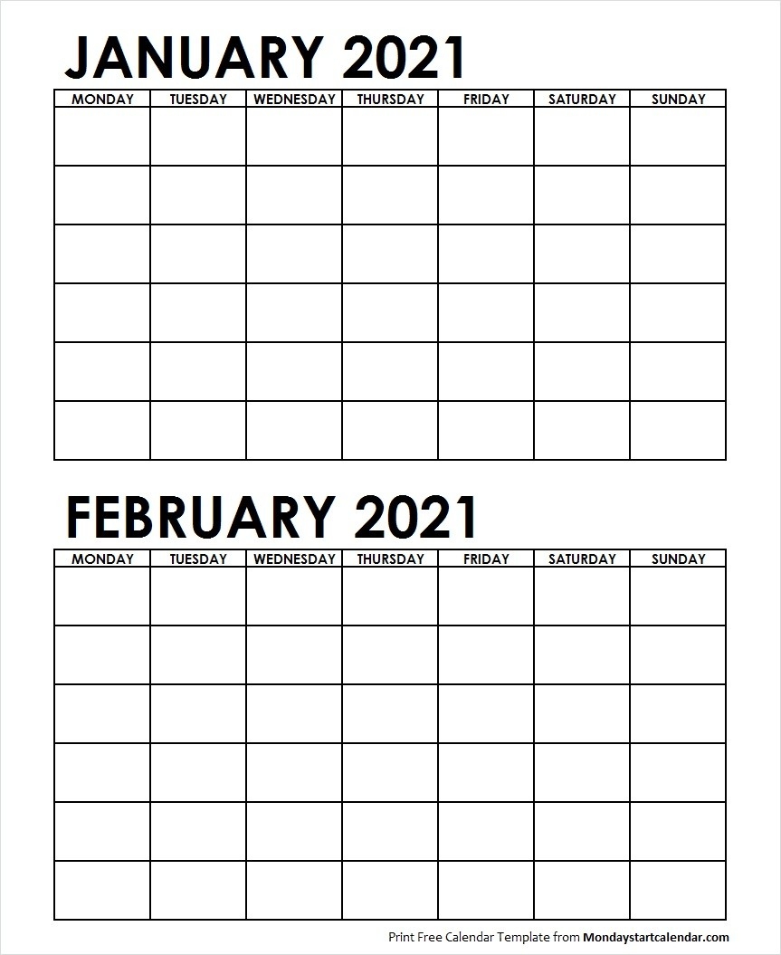 Two Month January February 2021 Calendar Blank | Two Months-2021 Two Month Calendar Free Printable