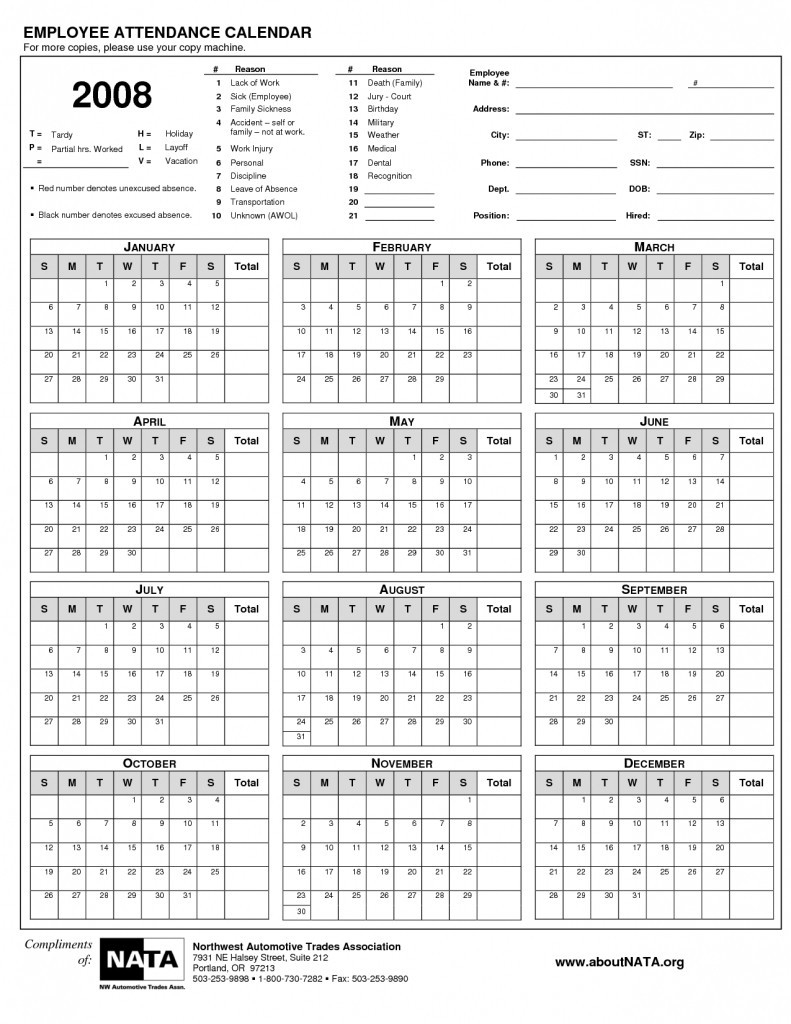 Printable Employee Attendance Calendar 2021 | Calendar Template Printable