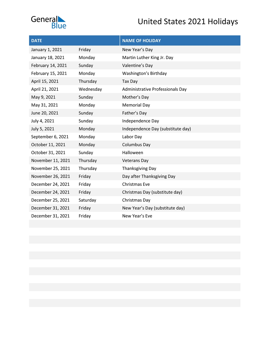 United States Holidays 2021 In Pdf, Word And Excel-2021 Us Holidays Printable List