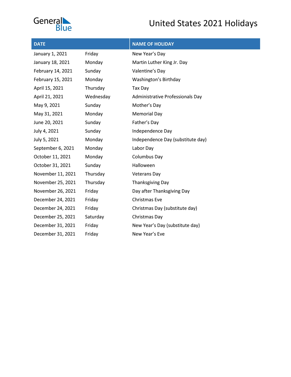 United States Holidays 2021 In Pdf, Word And Excel-Excel List Of 2021 Holidays