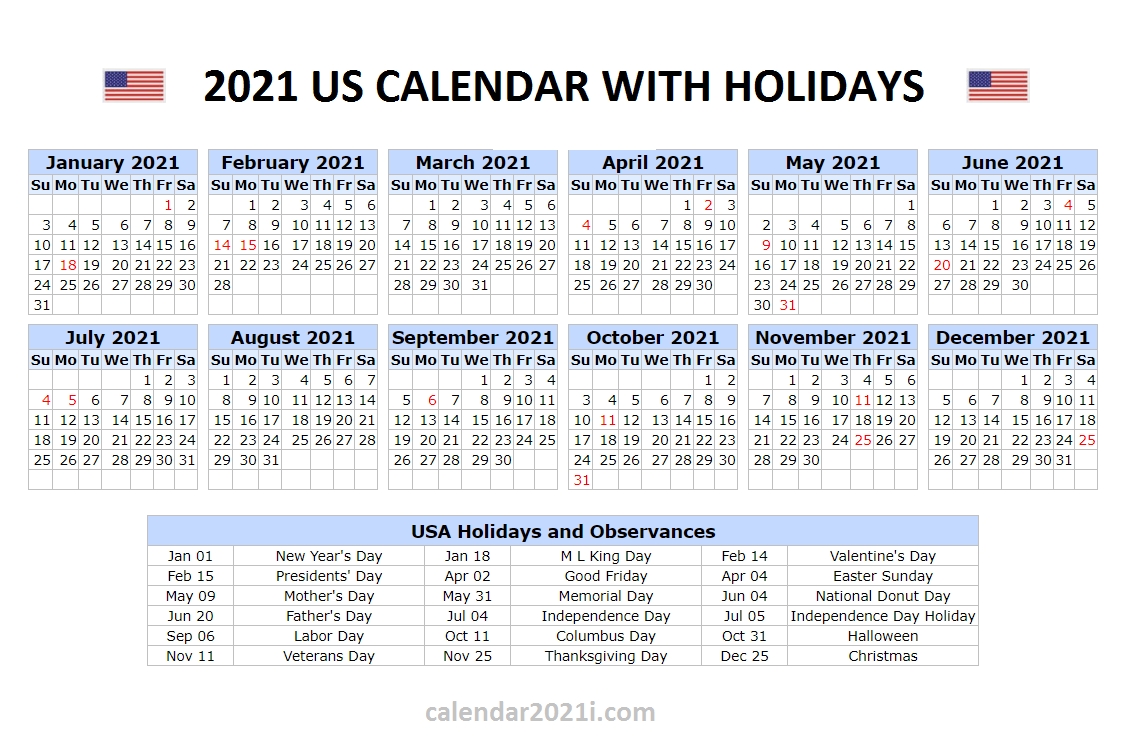 2021 Calendar With Holidays Excel