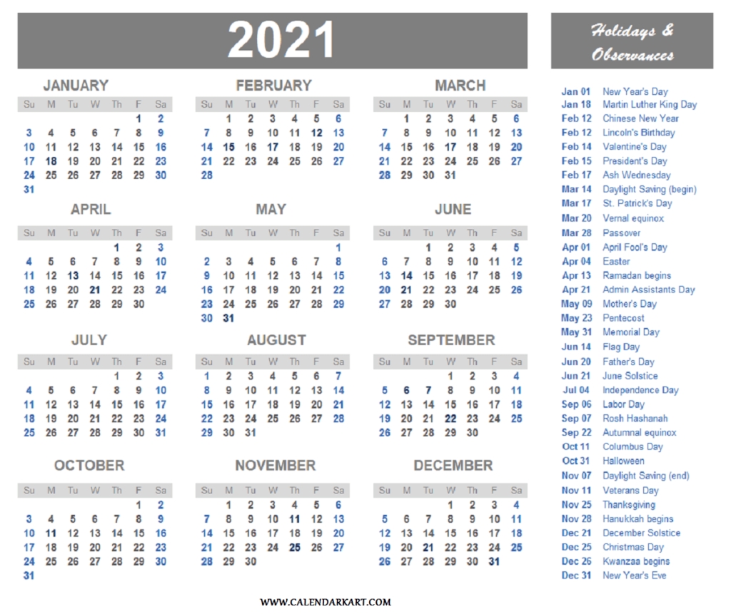 Us Calendar Holidays 2021: Most Popular Monthly Events-2021 Calendar With Holidays Sa