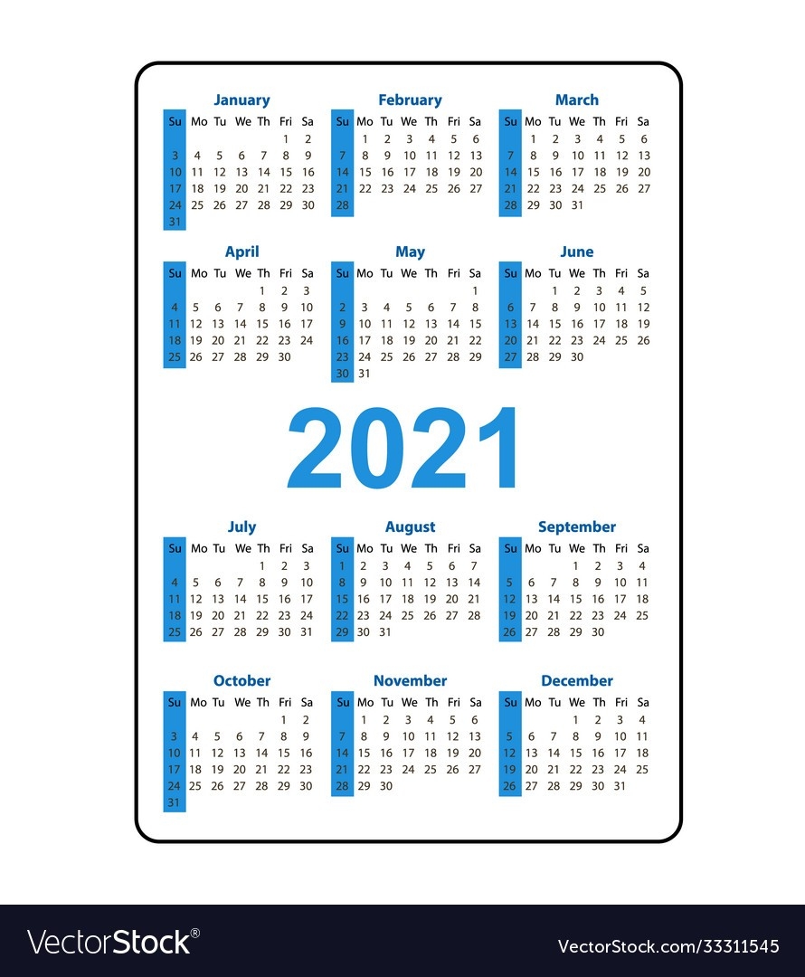 Vertical Pocket Calendar 2021 Year Week Starts Vector Image-Free 2021 Pocket Calendar