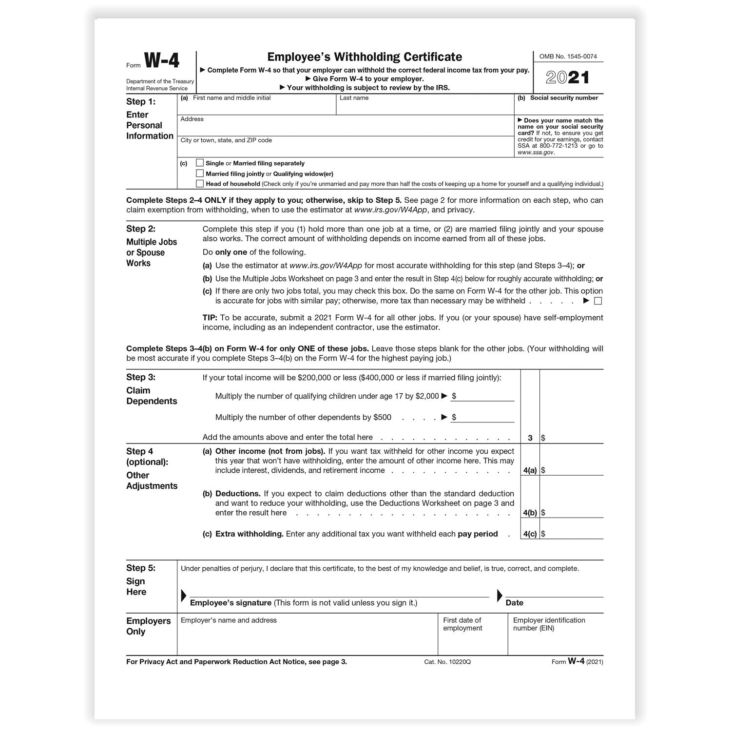 W-4 Forms-2021 Printable Irs Forms W-4