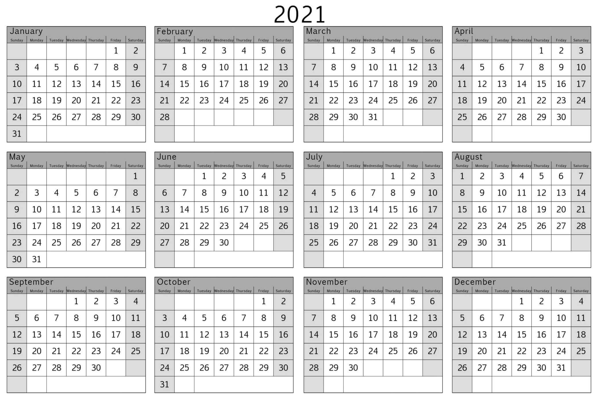 Yearly Calendar With Notes 2021 Editable Template - Set Your-2021 Yearly Calendar Template Printable