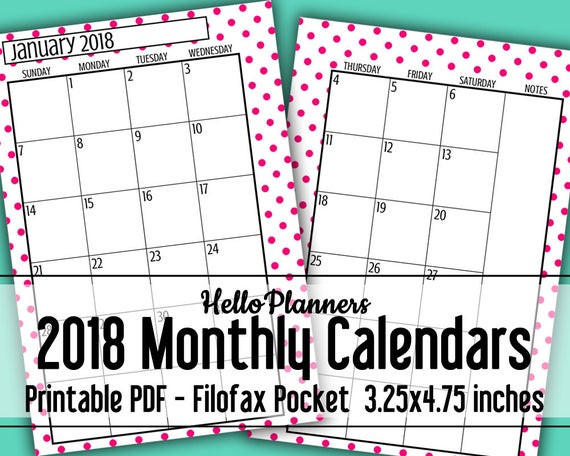 2018 Dated Monthly Calendar Printables Filofax Pocket Size-Free Pocket Printable Calendar