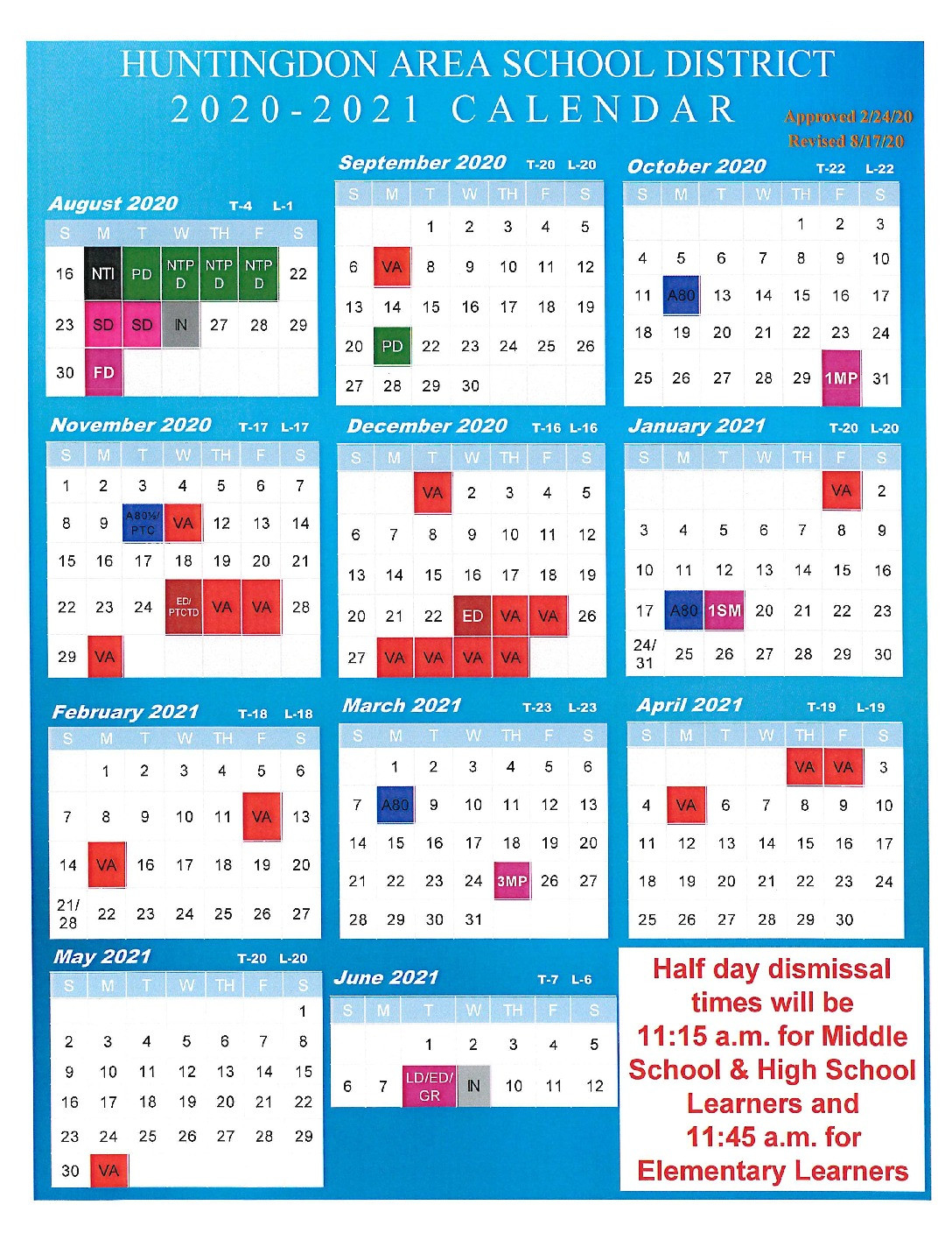 2020-2021 School Calendar - Rev. 081720 - Huntingdon Area-Printable 2021 2021 School Calendar