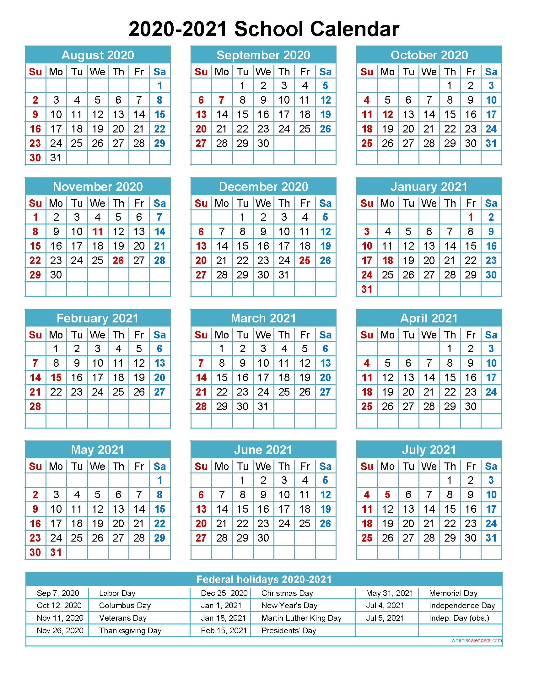 2020 And 2021 School Calendar Printable (Portrait-Printable 2021 2021 School Calendar