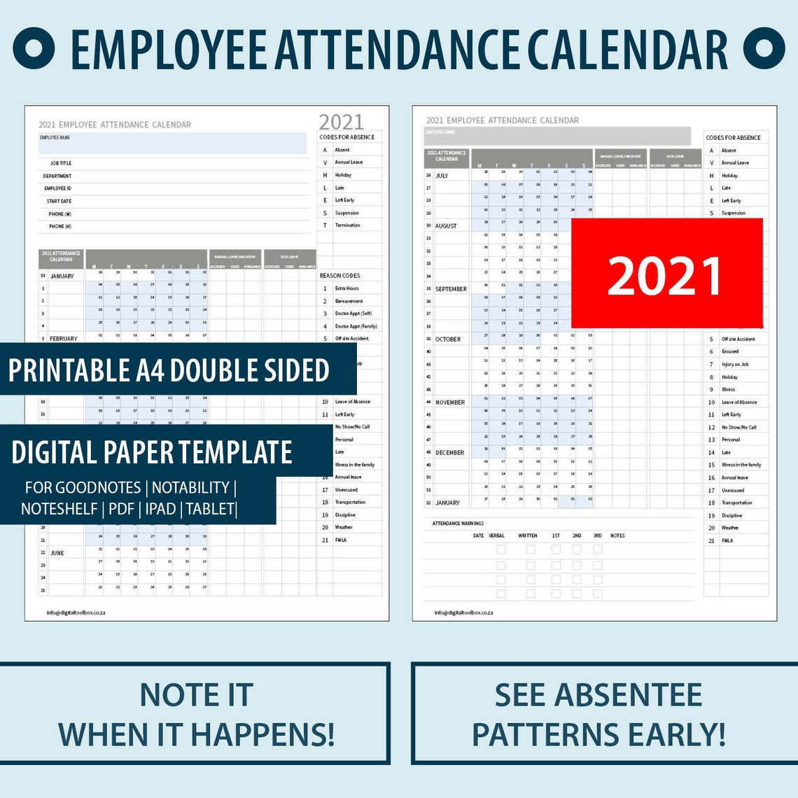 2021 A4 Printable Employee Attendance Absentee | Etsy-Employee Attendance Calendar 2021