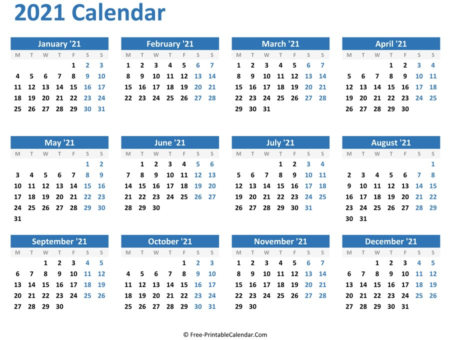 2021 Blank Yearly Calendar Full Page For Adult | Free-Free Printable Monthly Calender 2021