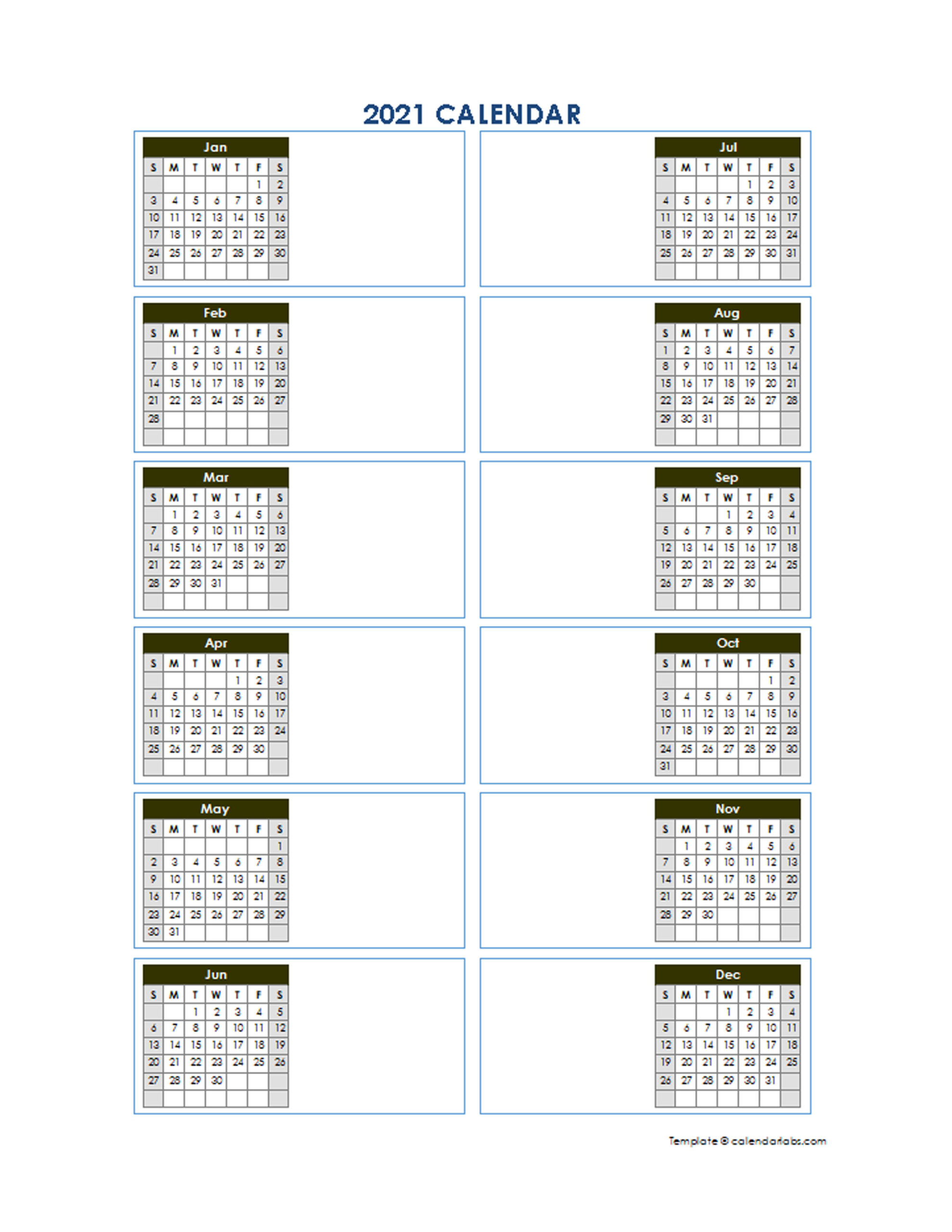 2021 Blank Yearly Calendar Template Vertical Design - Free-Free Download Printable Calendar 2021 Month In A Column