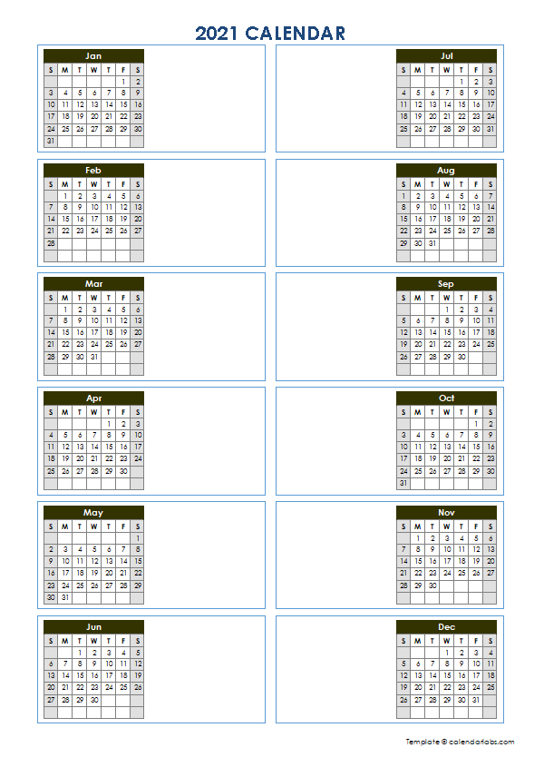 2021 Blank Yearly Calendar Template Vertical Design - Free-Printable 2021 2021 School Calendar