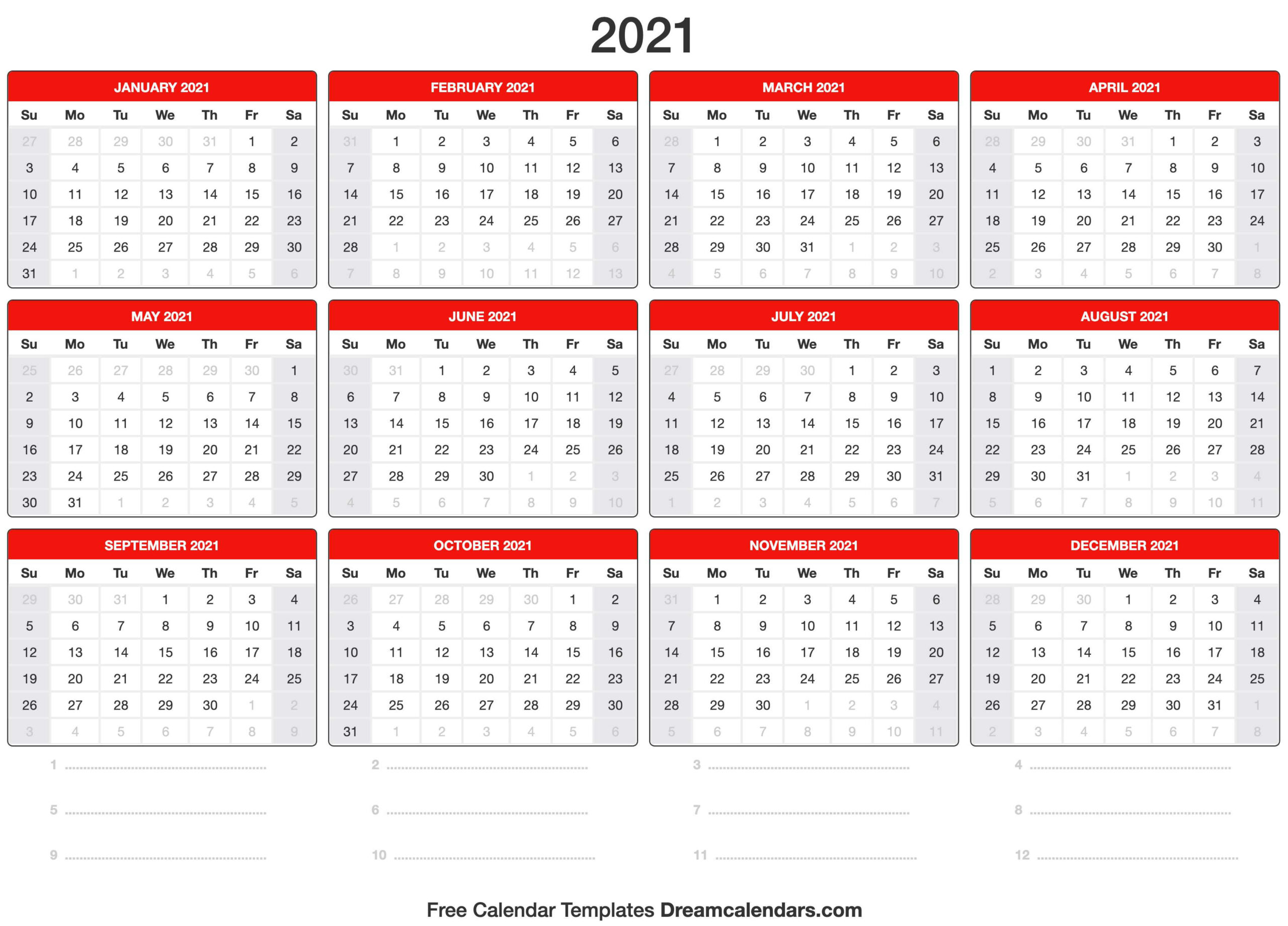 2021 Calendar-12 Month Calendar 2021 Printable