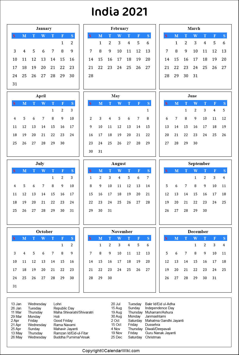 2021 Calendar Holidays List India | 2021 Calendar-Free 2021 Vacation Calander