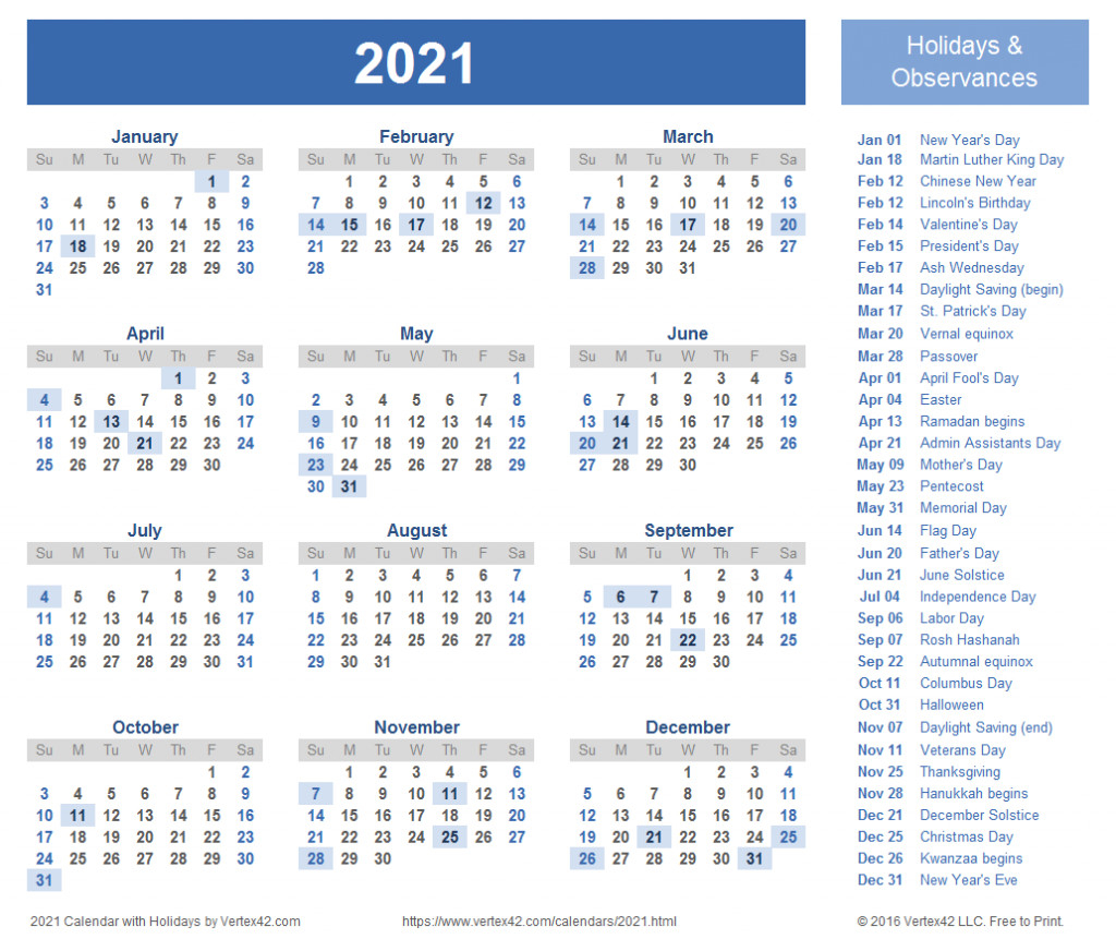 2021 Calendar Printable-Free 2021 Vacation Calander