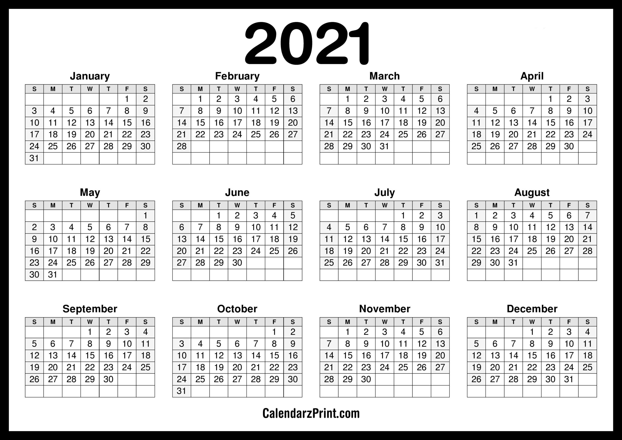 2021 Calendar Printable Free, Horizontal, Hd, Black-2021 Annual Calendar Printable