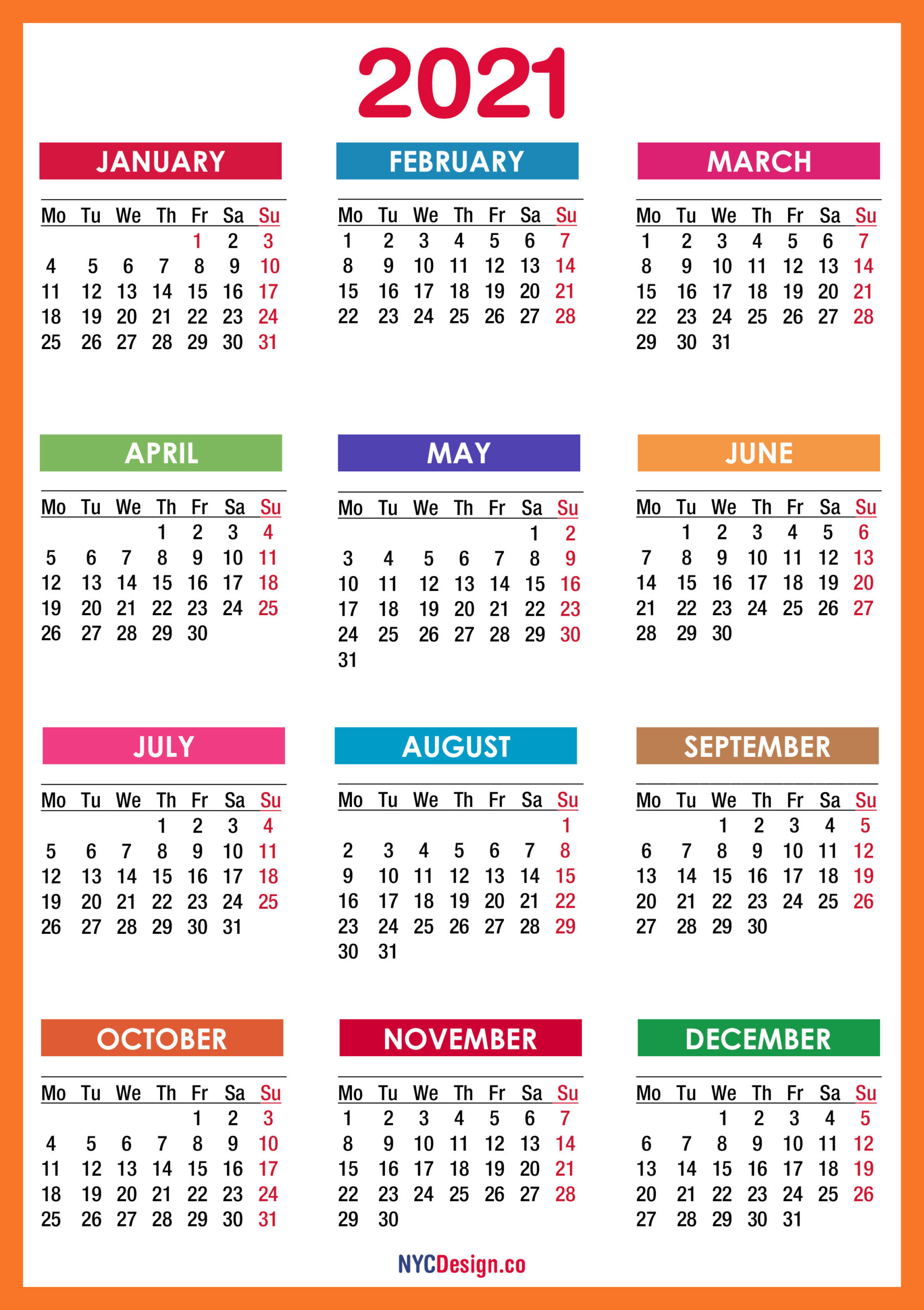 2021 Calendar Printable Free, Pdf, Colorful, Red, Orange-Absentee Calendar 2021