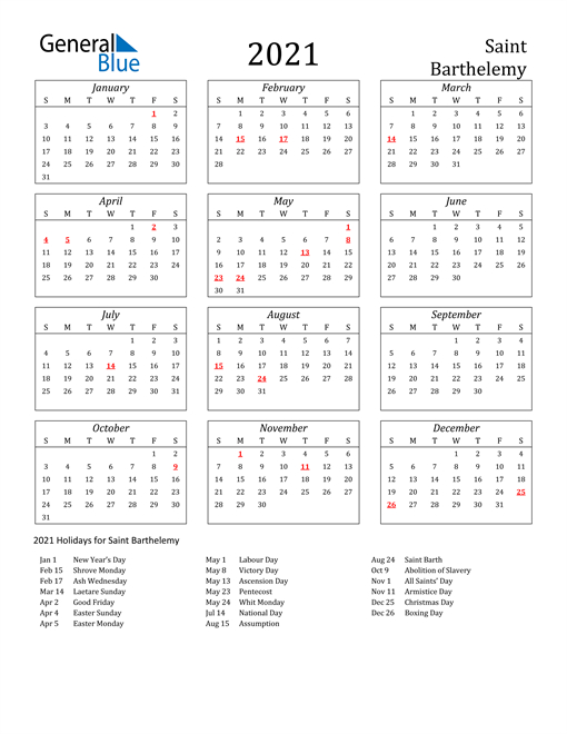 2021 Calendar - Saint Barthelemy With Holidays-Excel List Of Holidays 2021