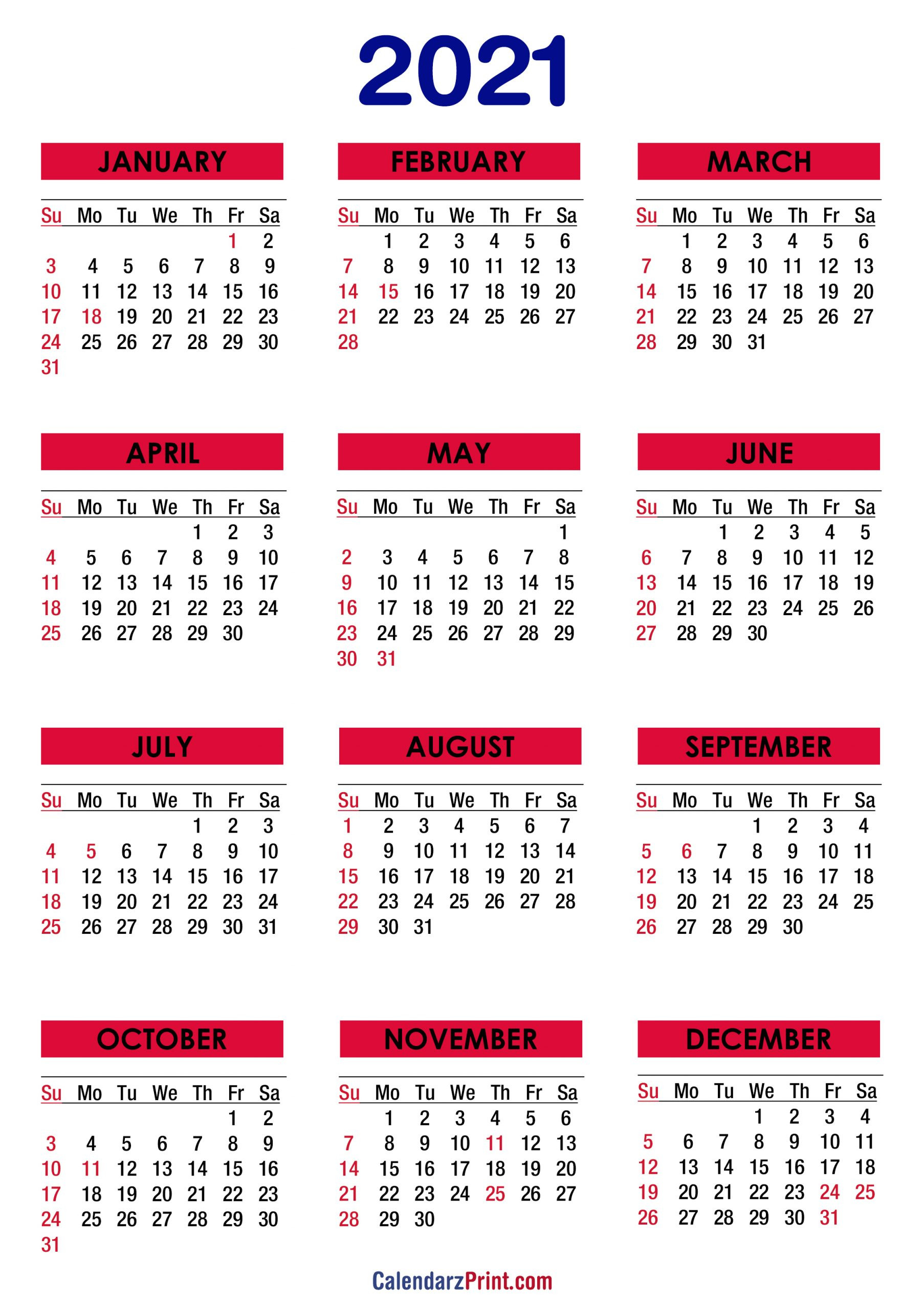 2021 Calendar With Holidays Printable Free Colorful 2-2021 Yearly Calendar Printable