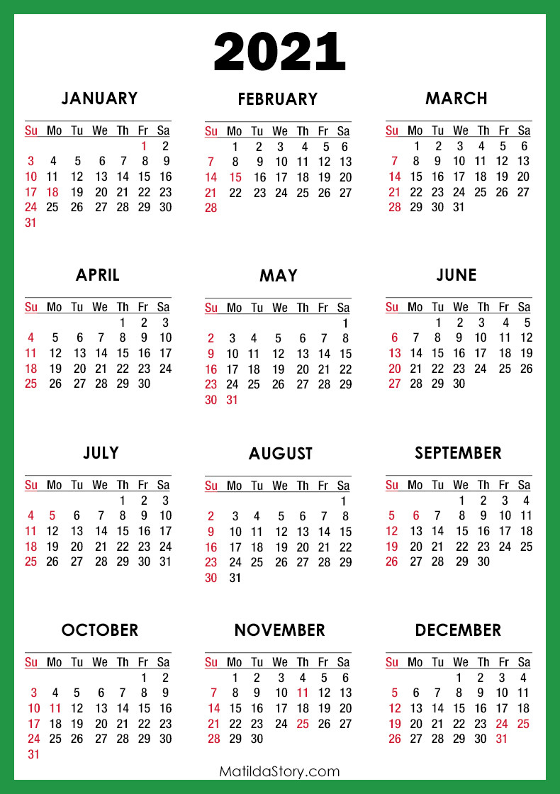 2021 Calendar With Holidays, Printable Free, Green-Printable Calendar 2021 With Major Holidays