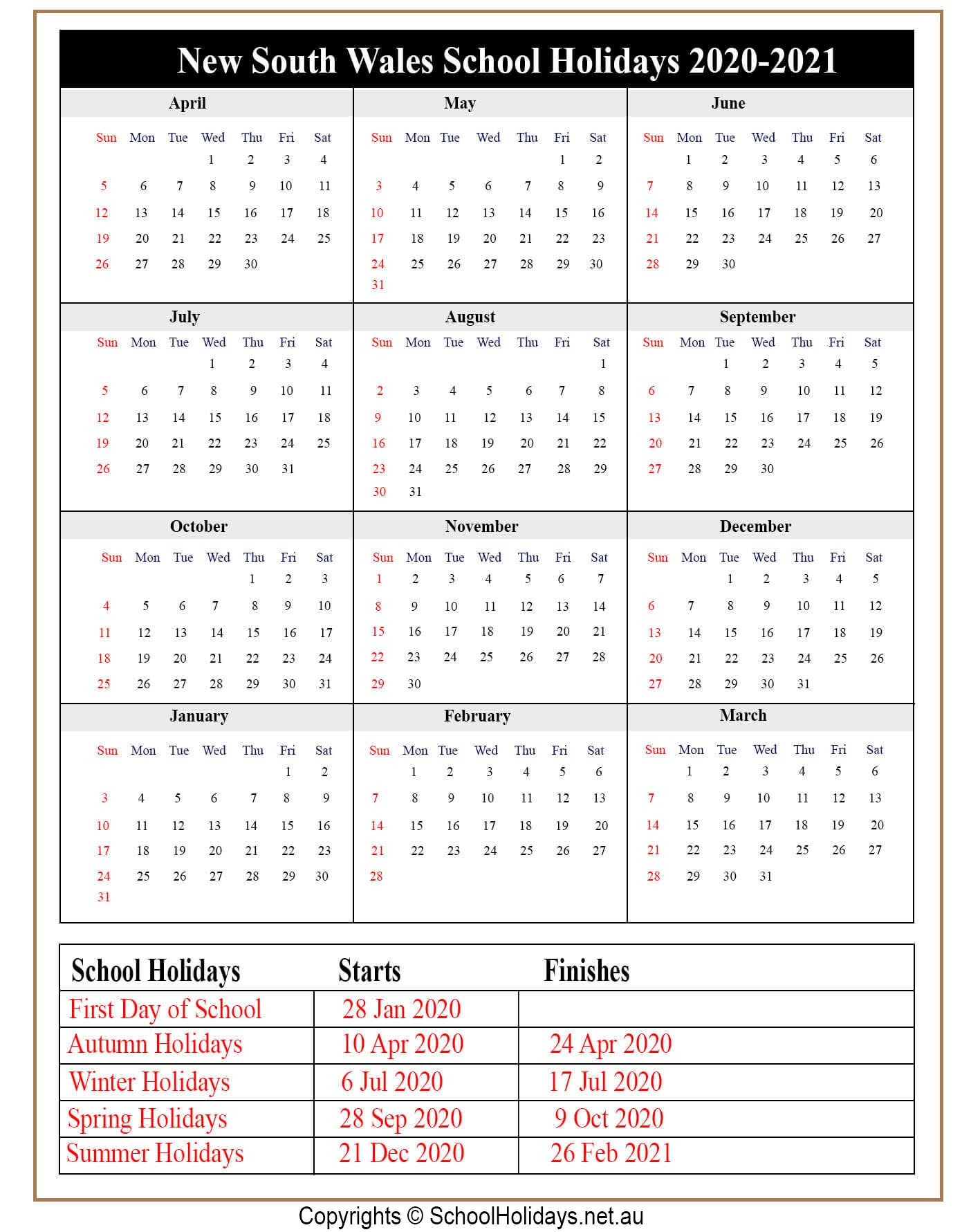 2021 Calendar With Nsw School Holidays | Printable-Download 2021 Calendar With School Terms And Public Holidays