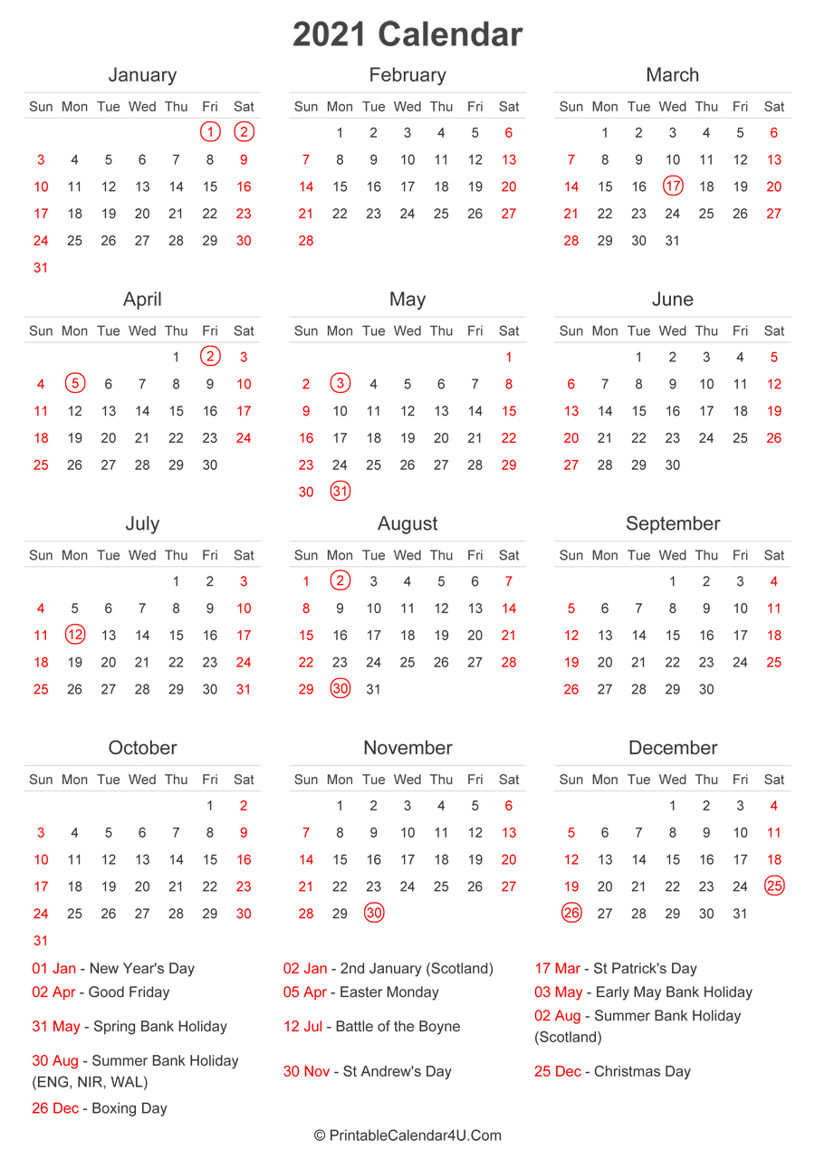 2021 Calendar With Uk Bank Holidays At Bottom (Portrait-2021 Uk Calendar With Bank Holidays