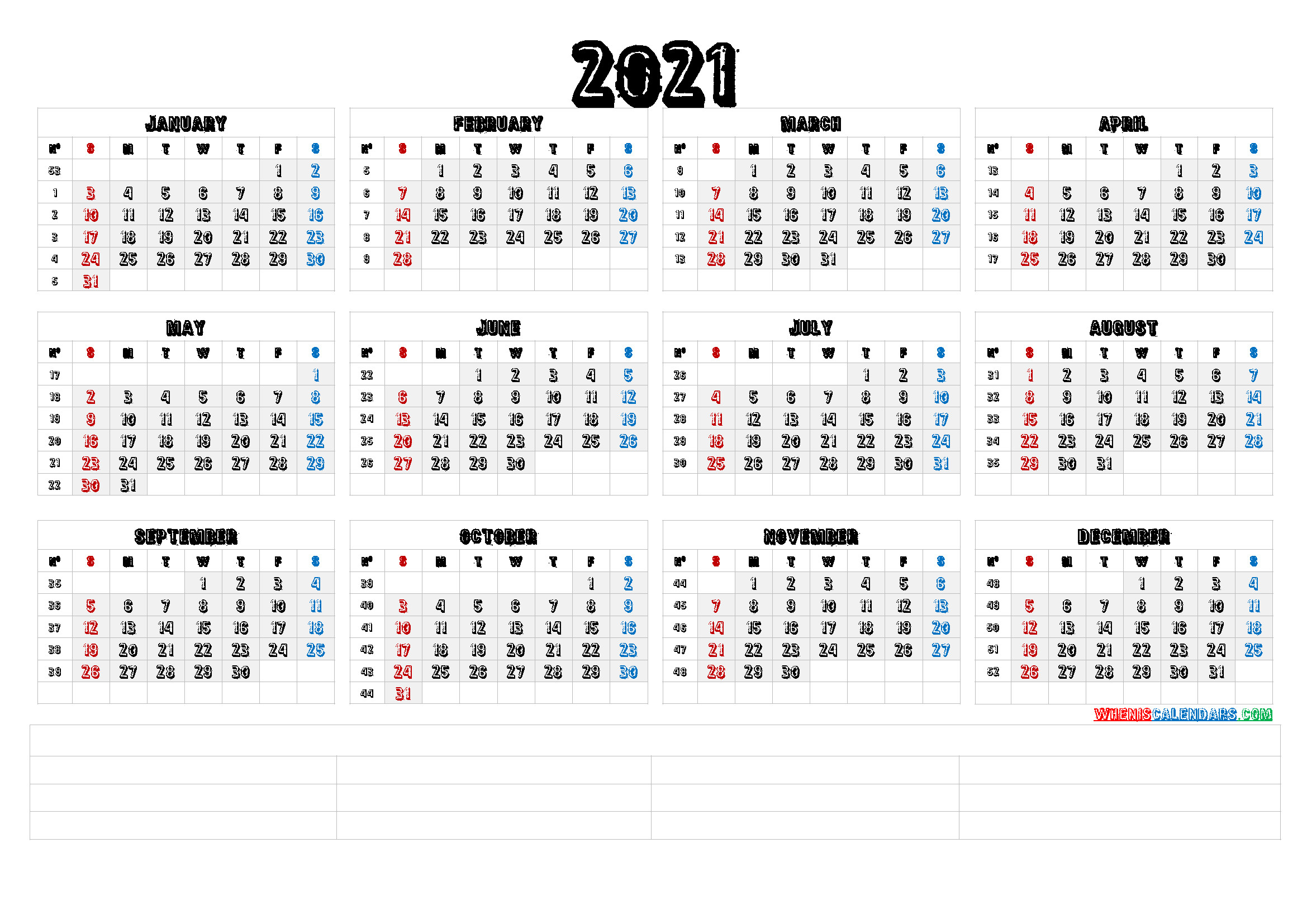 2021 Calendar With Week Number Printable Free / Free-12 Month 2021 Calendar Template For Word