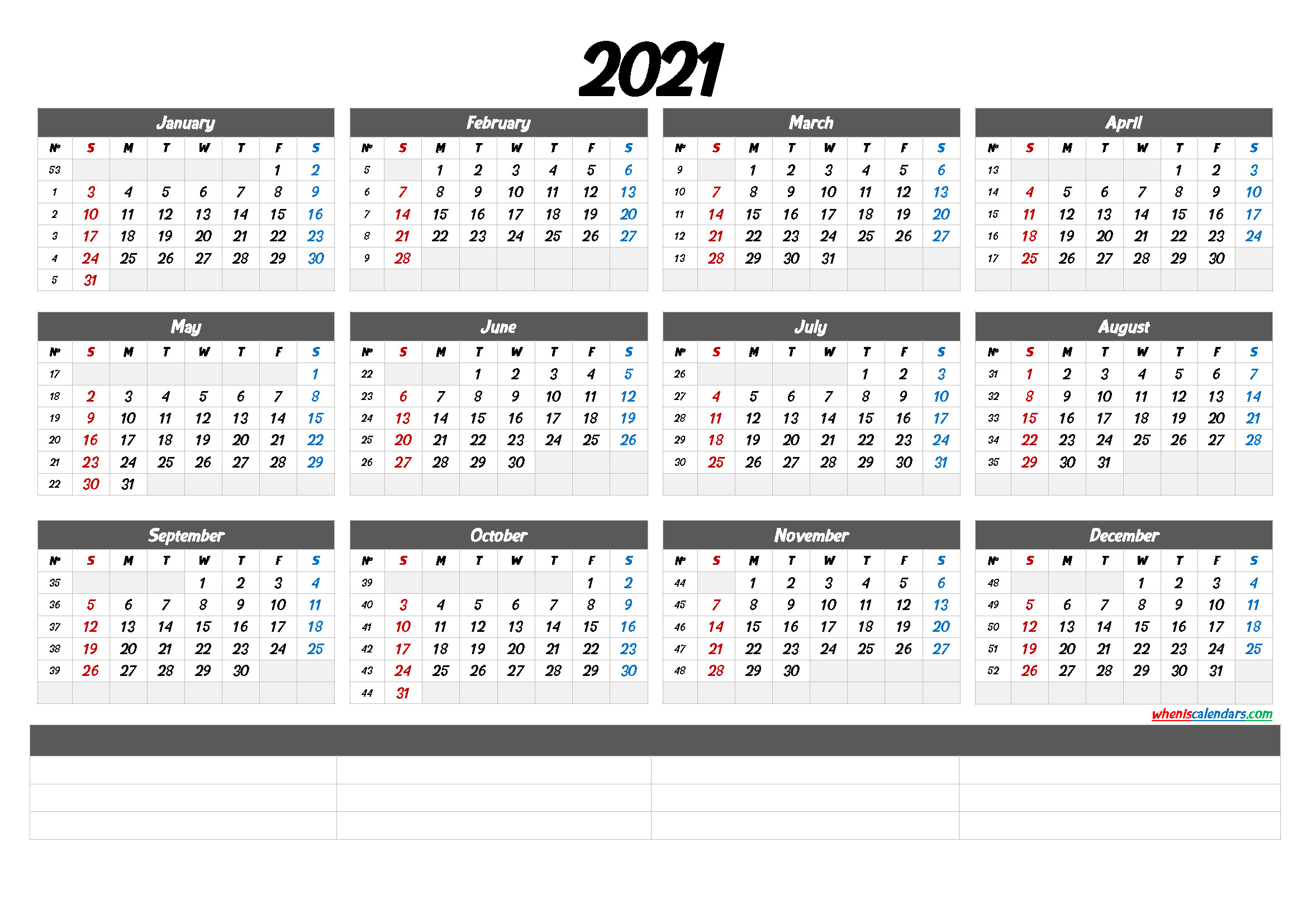 2021 Calendar With Week Numbers Printable (6 Templates-2021 Yearly Calendar Printable Free With Notes