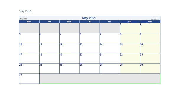 2021 Calendar - Yearly, Monthly, Excel, Word, Pdf Calendar-May 2021 Excel Vacation