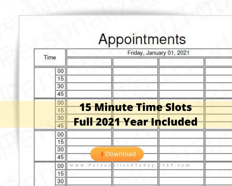 2021 Dated Daily 8 Hourly 15 Minute Time Slot Appointment-Hourly Daily Calendar 2021
