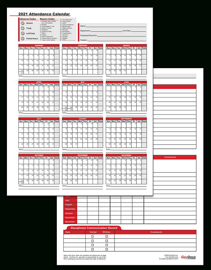 Employee Attendance Calendar 2021 | Calendar Template Printable