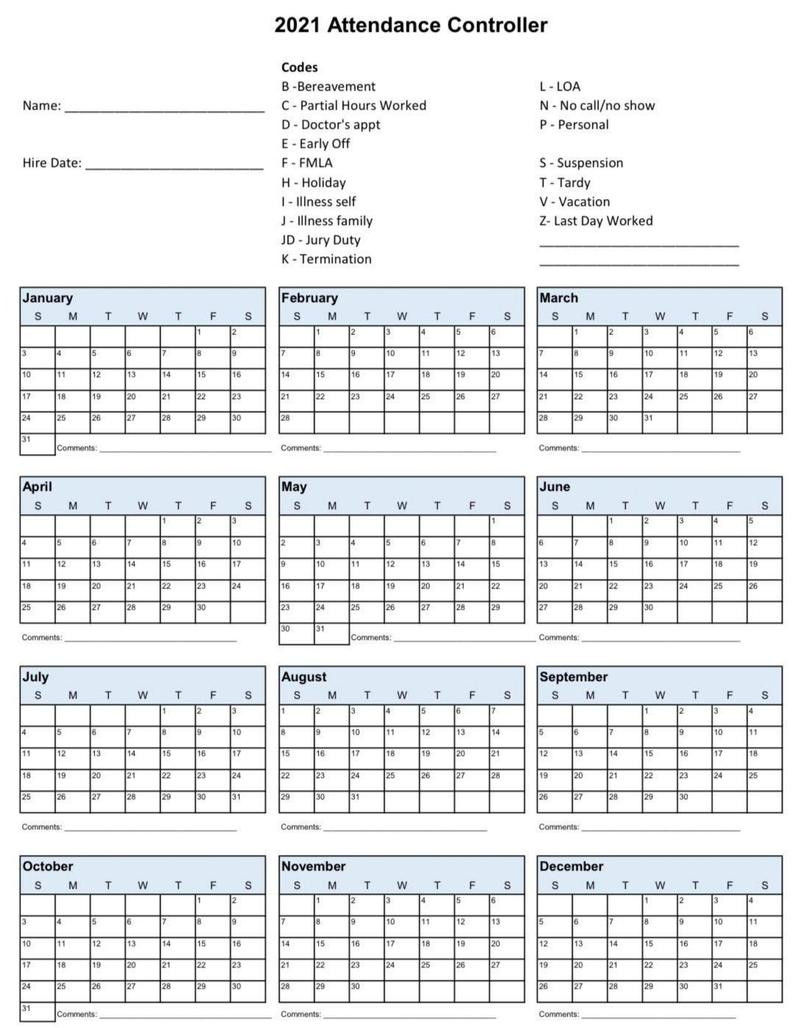 2021 Employee School Attendance Tracker Calendar Employee-Free Attendance Calendar 2021