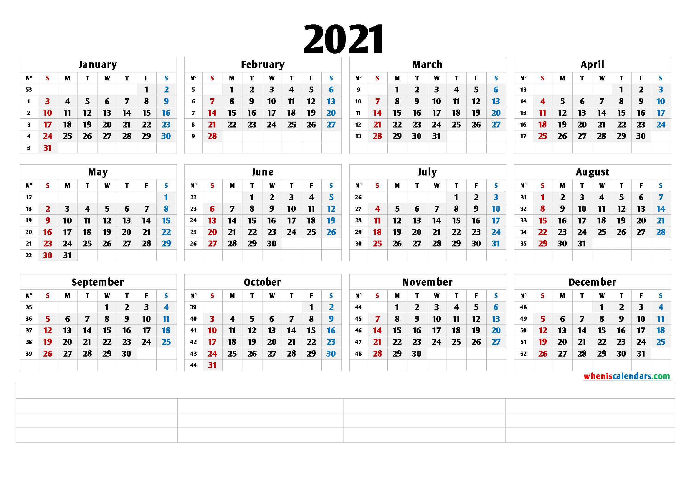 2021 Free Printable Yearly Calendar (6 Templates) | Free-2021 Yearly Calendar Printable Free With Notes