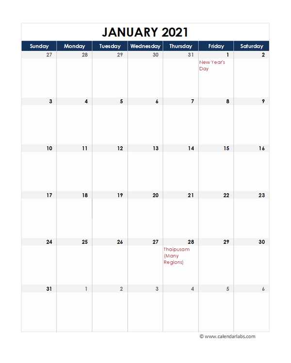 2021 Malaysia Calendar Spreadsheet Template - Free-2021 Holiday Calendar Spreadsheet