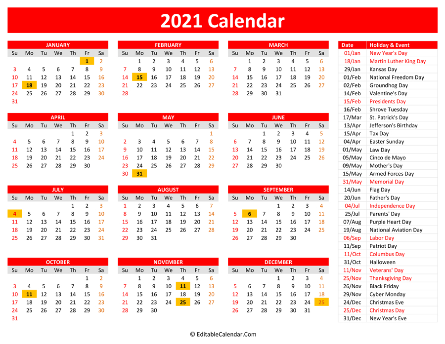 2021 Printable Calendar With Holidays-Printable 2021 Yearly Calendar Free Pdf